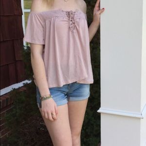 Off the shoulder light/darker pink shirt